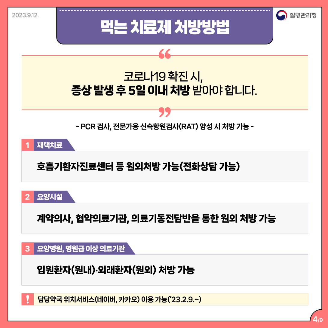 먹는 치료제 처방방법  코로나19 확진 시, 증상 발생 후 5일 이내 처방 받아야 합니다. - PCR 검사, 전문가용 신속항원검사(RAT) 양성 시 처방 가능 -  1. 재택치료 호흡기환자진료센터 등 원외처방 가능(전화상담 가능) 2. 요양시설 계약의사, 협약의료기관, 의료기동전담반을 통한 원외 처방 가능 3. 요양병원, 병원급 이상 의료기관 입원환자〈윈내)•외래환자(원외) 처방 가능 담당약국 위치서비스(네이버, 카카오) 이용 가능('23.2.9.~) 4/9